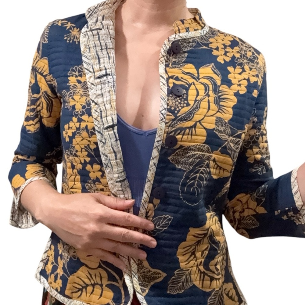 Vintage Pour Elle Floral Quilted Jacket - Blue and Yellow reversible small